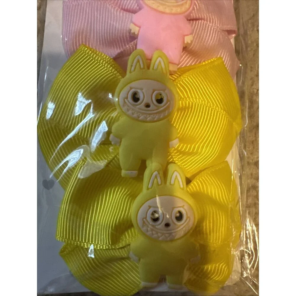 Monster Fashion Colorful Pink Yellow Hair Bow Cute Pink Hair Clip for Girls 4 PC